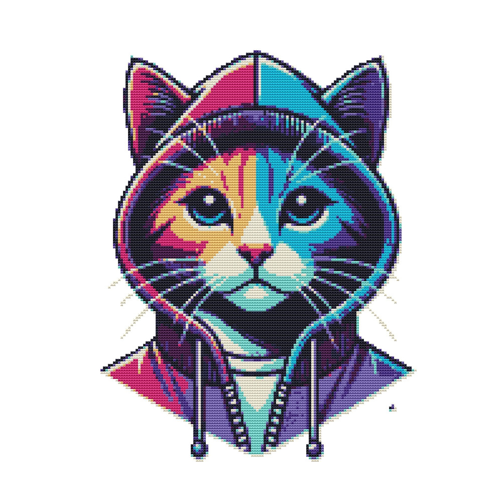 Fashionable And Stylish Cat In A Colorful Hood  Cross Stitch Pattern PDF  Instant Download 0