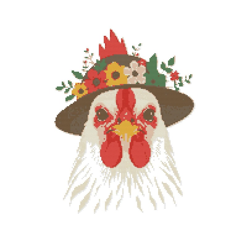 Fashionable Chicken With Hat And Flowers Cross Stitch Pattern PDF Instant Download 0