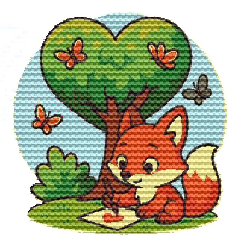 Fox Cub Writes Love Letter Under HeartShaped Tree Valentines Day Cross Stitch Pattern PDF Instan 0
