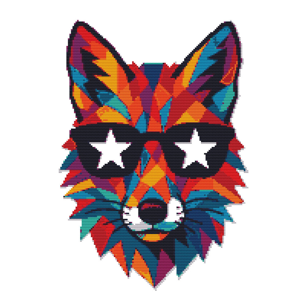 Fox Face Made Of Colorful Pieces With Glasses And White Stars  Cross Stitch Pattern PDF  Instant Do 0