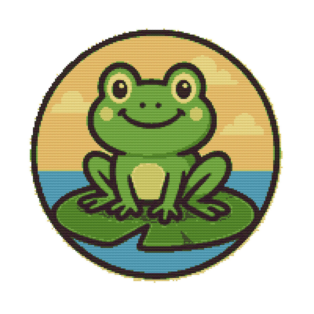 Green Frog On A Water Lily With A Smile Cross Stitch Pattern PDF Instant Download 0