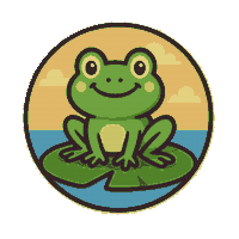 Green Frog On A Water Lily With A Smile Cross Stitch Pattern PDF Instant Download 0