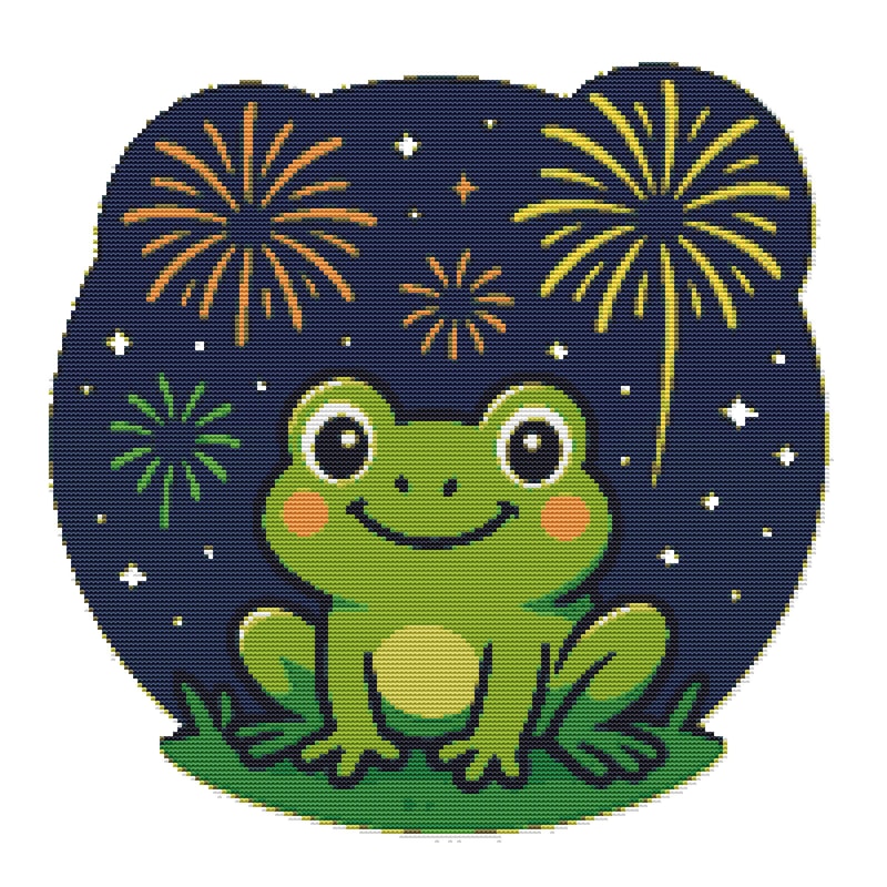 Frog With Fireworks Against The Night Sky Cross Stitch Pattern PDF Instant Download 0