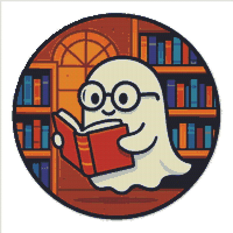 Ghost Reads Book In Library On Halloween Cross Stitch Pattern PDF Instant Download 0
