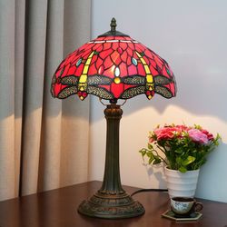 12 Inch Red Dragonfly Tiffany Lamp Stained Glass Handmade Night Light Home Room