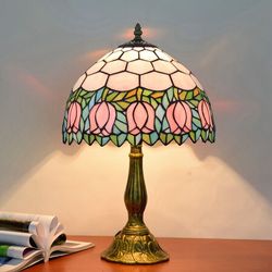 12 Inch Tiffany Lamp Pink Tulip Sheet Den Rustic Stained Glass Night Light Home