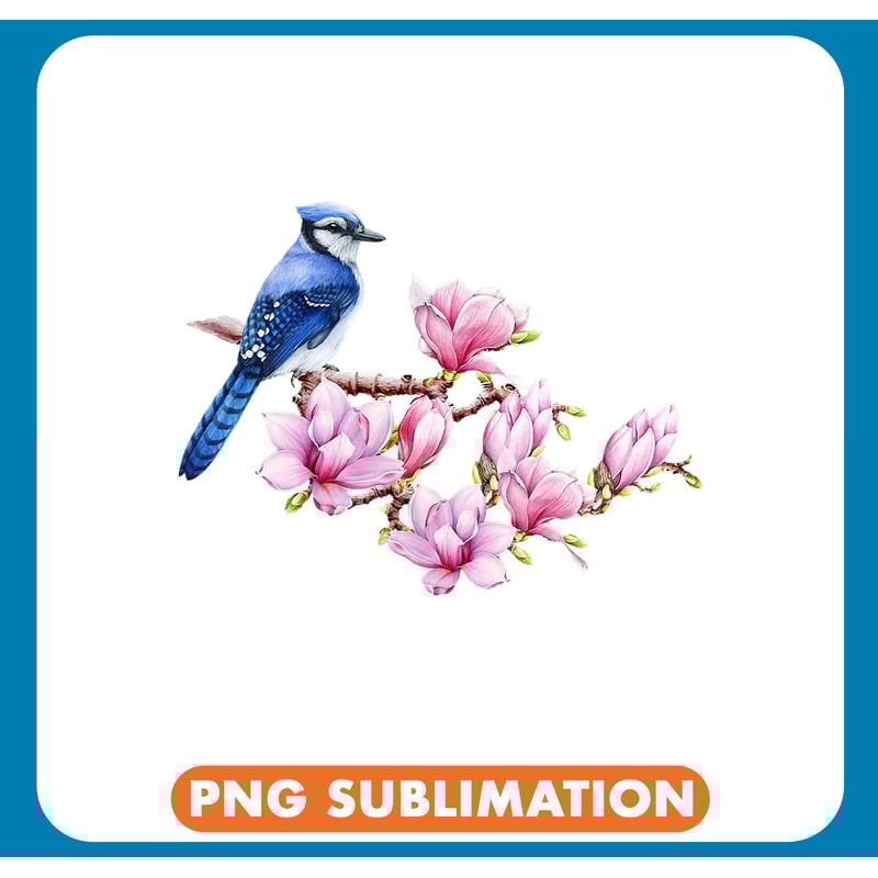 Blue Jay Bird on Magnolia Watercolor Birding and Gardening .jpg