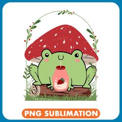 frog gift cottagecore frog strawberry milk on log cute mushroom hat png