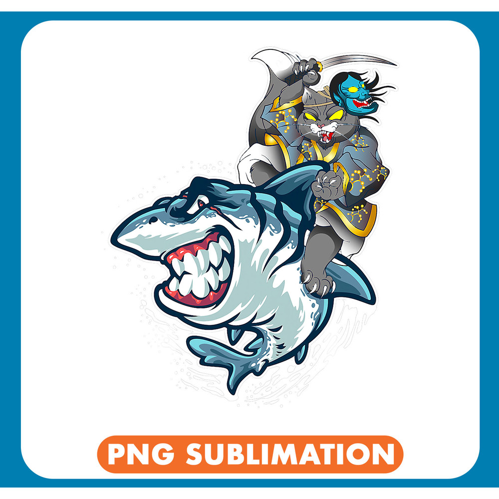 Ocean Shark Cat Samurai Riding On Shark Workmanship Japanese .jpg