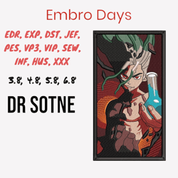 dr stone embroidery file, anime embroidery file, digital anime embroidery file, anime inspired embroidery design