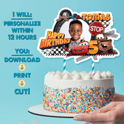 cars printable cake topper with photo, lightning mcqueen digital cake topper, personalized birthday cake topper party