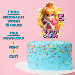 princess peach girls digital cake topper, printable cake topper, personalized digital birthday cake topper gamer party