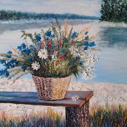 Basket With Wild Flowers At The Lake Shore in the Morning Light Art - digital file for you to download