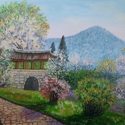 Japanese Spring Landscape Oil Painting Original Artwork 12 by 16 Blooming Cherries Japan Fuji Original Handmade Painting