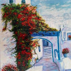 Greek Island Santorini With Traditional White Houses And Red Bougainvillea Art - digital file for you to download