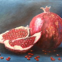 Still Life with Pomegranates Oil Painting Original Artwork 12 by 16 Old Dutch Masters Style Handmade Painting