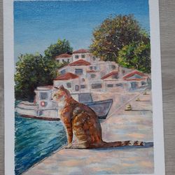 Cat Waiting For Fishermen Boats in Greece Oil Painting Original Artwork 9 by 12 Original Handmade Painting