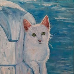 White Santorini Cat Oil Painting Original Artwork 9 by 12 Cat in Greece Original Handmade Painting