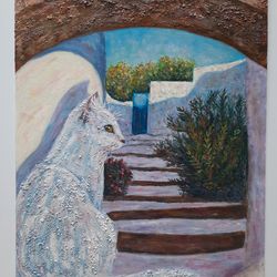 Cat in a Traditional Greek Village Oil Acrylic Painting Original Artwork 12 by 16 Original Handmade Painting