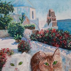 Two Cats in Santorini, Greece Oil Painting Original Artwork 9 by 12 Original Handmade Painting