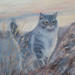Furry Grey Cat in the Sunrise Oil Painting Original Artwork 9 by 12 Original Handmade Painting