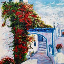 Traditional Street in Greece with Red Bougainvillea Oil Painting Original Artwork 9 by 12 Original Handmade Painting