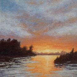 Golden Sunset Over a River Oil Painting Original Artwork 8 by 12 inches Original Handmade Painting