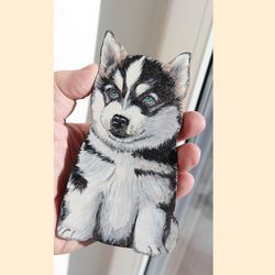 Husky, Puppy, Painting, Magnet with acrylic paints, Handmade