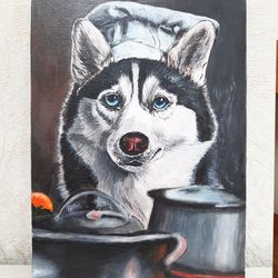Husky Dog, Playing, Cook.Fun Acrylic Painting for Interior Design.