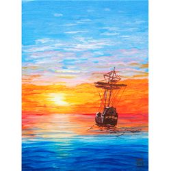 oil painting sea sunset departing ship miniature