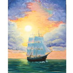 Oil painting sunset at sea "Tailwind" miniature handmade