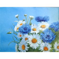 Painting "Cornflowers", Painting using impasto technique Blue flowers, original landscape work