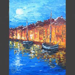 Painting Night pier oil on canvas on cardboard