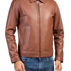 men's harrington collar shirt premium leather jacket tan brown