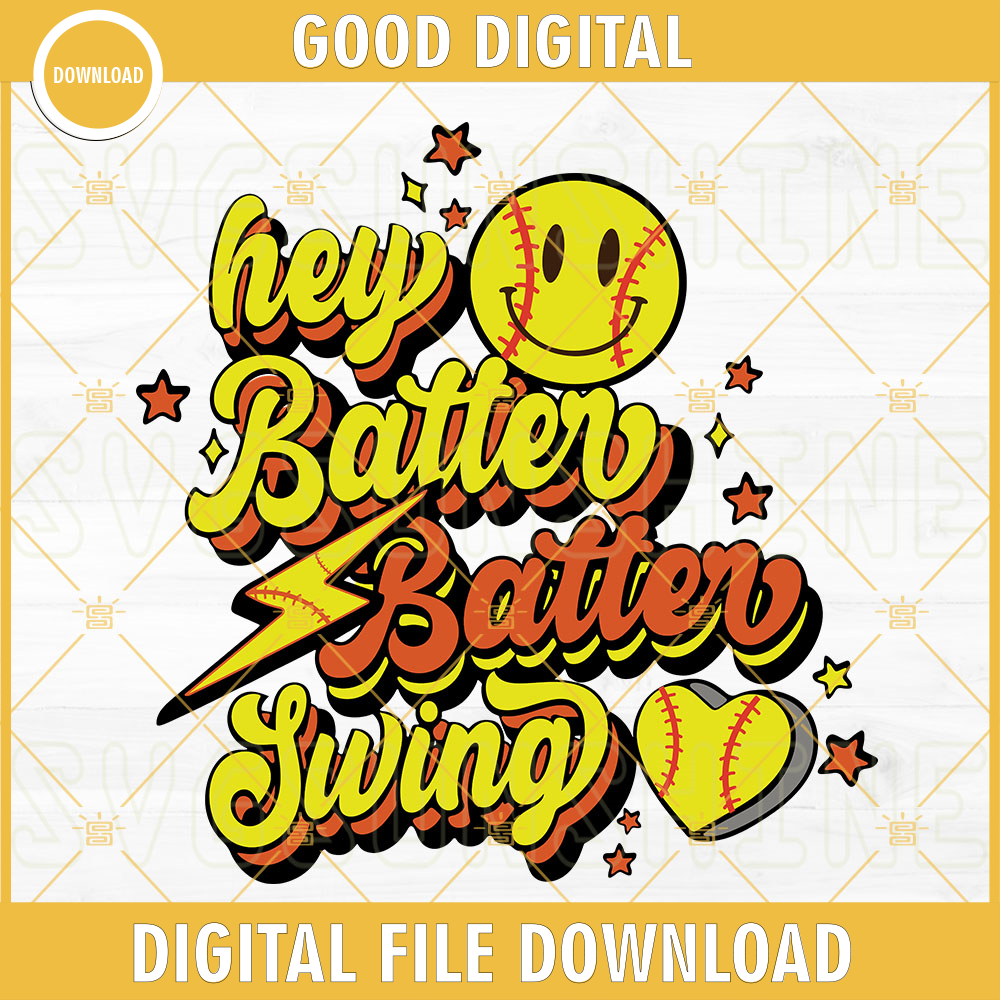 Hey Batter Batter Swing Softball SVG, Retro Smiley Face SVG, Summer Sports SVG PNG DXF EPS.jpg