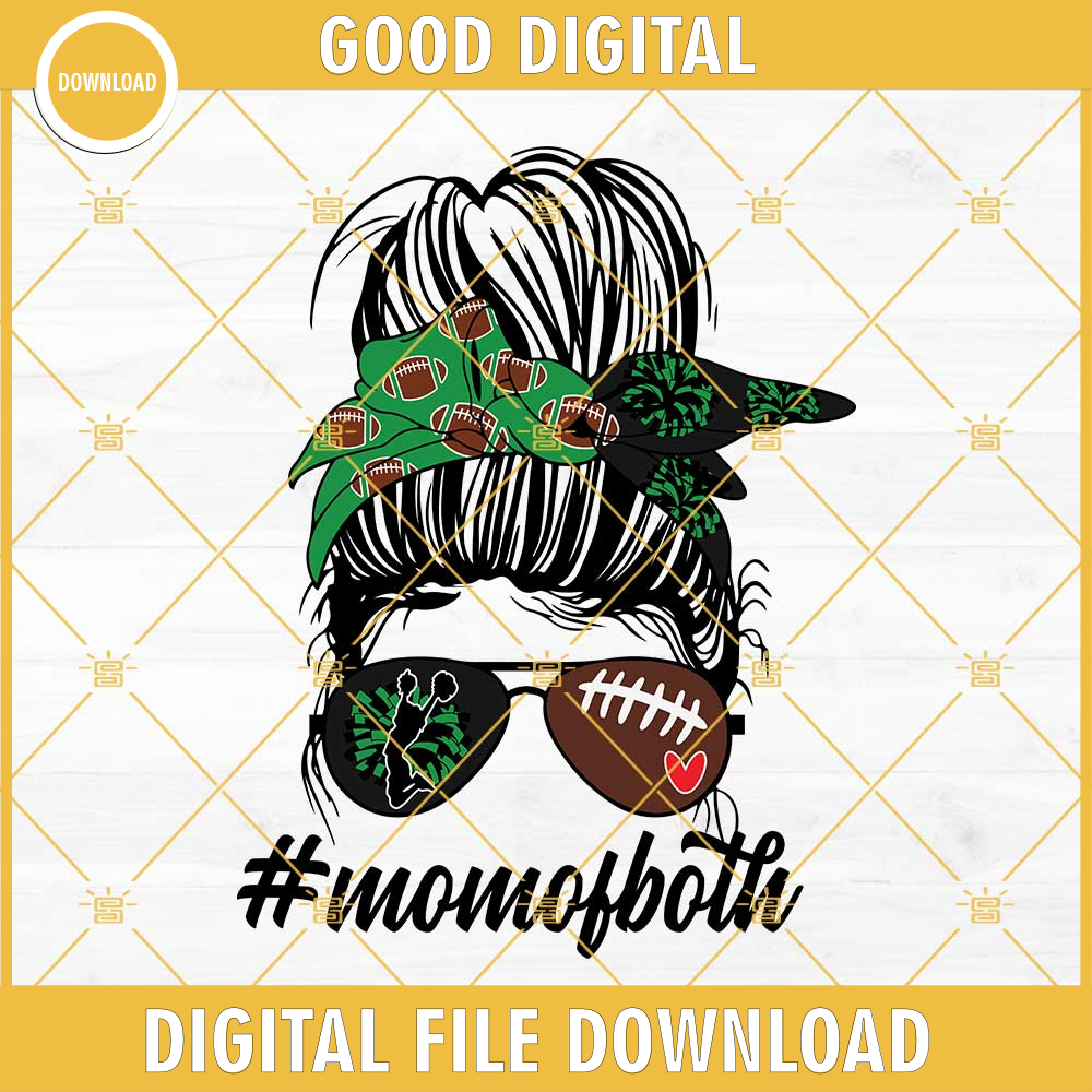 MOM Of Both Cheer And Football SVG, Black And Green Team Colors SVG, Messy Bun Cheer And Football Mom SVG.jpg