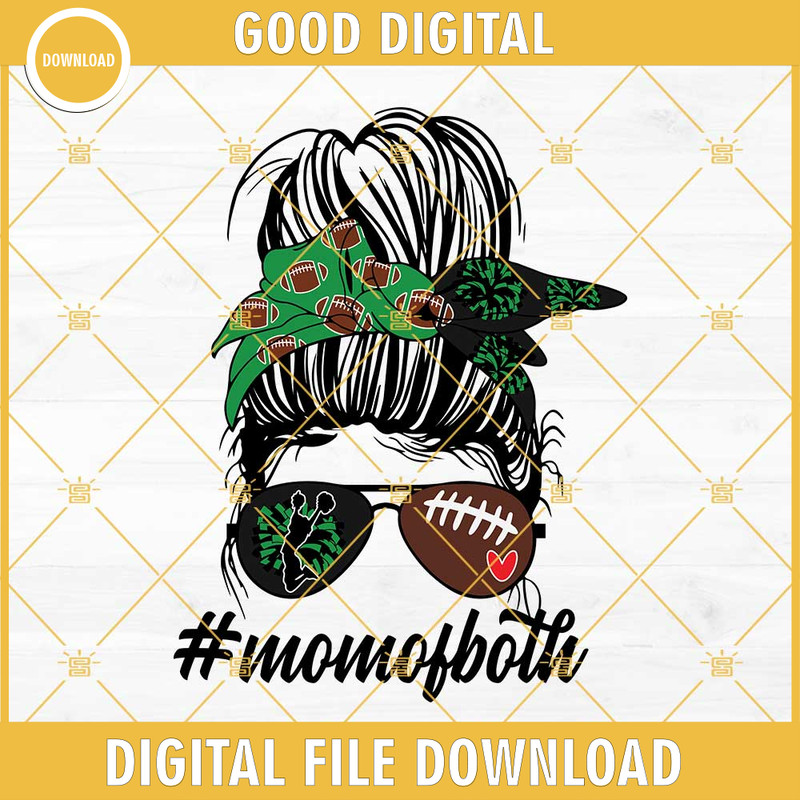 MOM Of Both Cheer And Football SVG, Black And Green Team Colors SVG, Messy Bun Cheer And Football Mom SVG.jpg