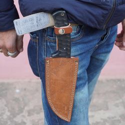 custom handmade d2 tool steel hunting bowie knife camping knife black coated blade with cow leather sheath