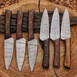 set of 6pcs custom handmade damascus steel bbq knives kitchen knives with leather sheath