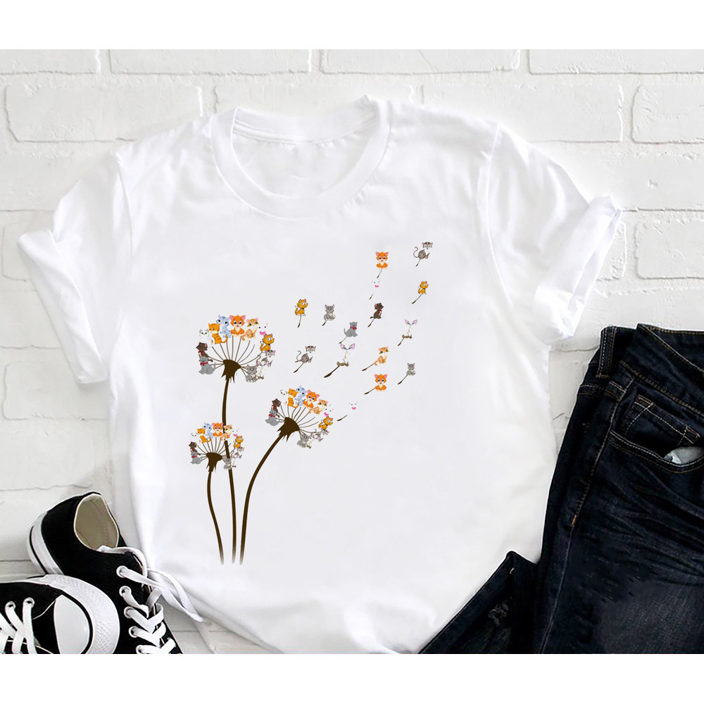 Cute Cat Fly Dandelion Flower T-Shirt, Cat Lover T-Shirt, Graphic Dandelion Shirt, Cat Shirt, Cat Mom Gift Idea Shirt, Animals T-Shirt.jpg