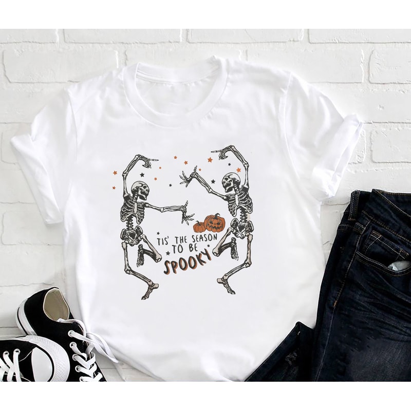 Dancing Skeleton Tis The Season To Be Spooky T-Shirt, Funny Halloween Unisex Shirt, Spooky Season T-Shirt, Halloween Gift Shirt For Family.jpg