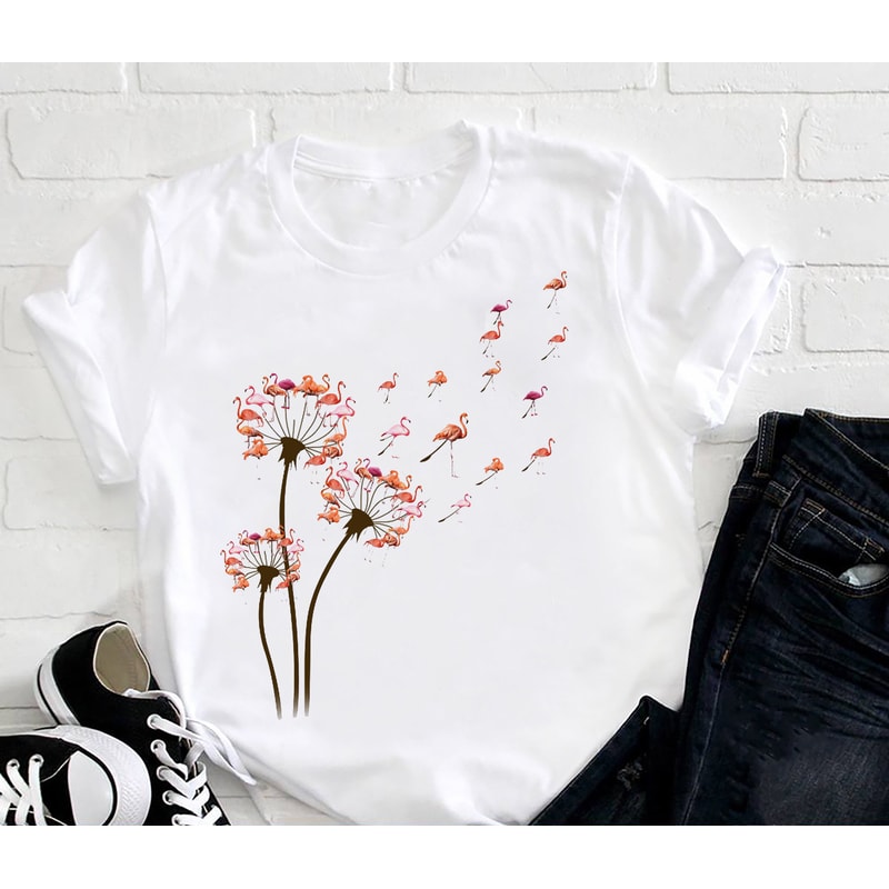 Dandelion Flower Falamingo Fly T-Shirt, Falamingo Lover T-Shirt, Graphic Dandelion Shirt, Animal Shirt, Women Gift Idea Shirt, Cute T-Shirt.jpg