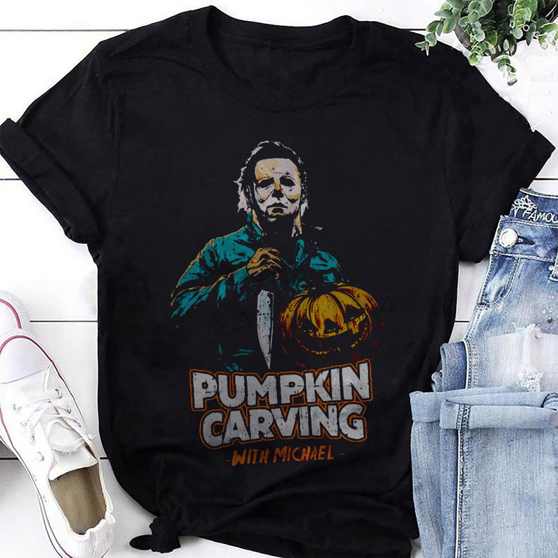 Pumpkin Carving With Michael Myers T-Shirt, Michael Myers Halloween Shirt, Michael Myers Shirt Fan Gifts, Michael Myers Horror Movie Shirt.jpg