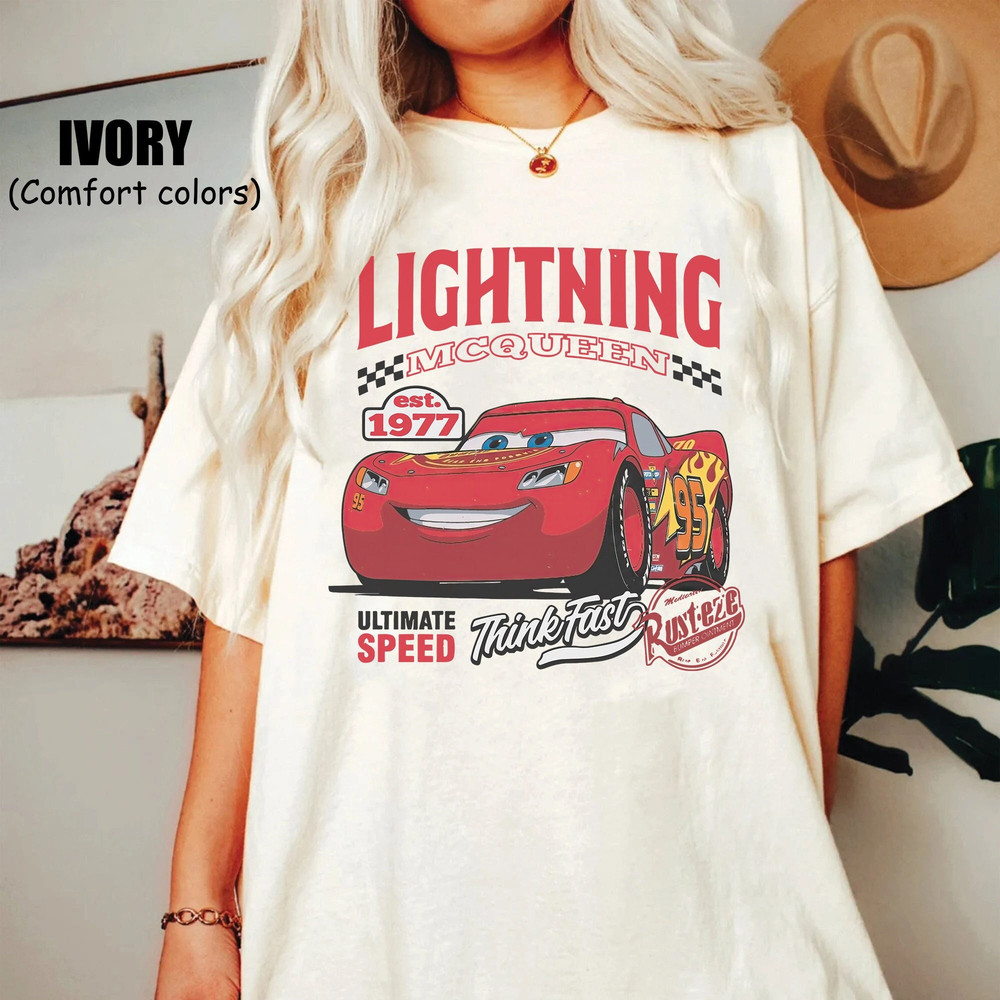 Retro Lightning McQueen Comfort Color Shirt, Pixar Cars Movie Shirt, Lightning McQueen Shirt, Birthday Cars Shirt, Disneyworld Family Shirt.jpg