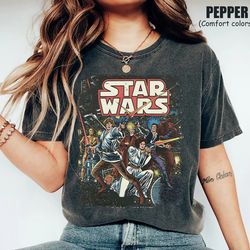 retro star wars poster comfort color shirt, galaxys edge shirt, han solo princess leia yoda chewbacca, disneyworld famil