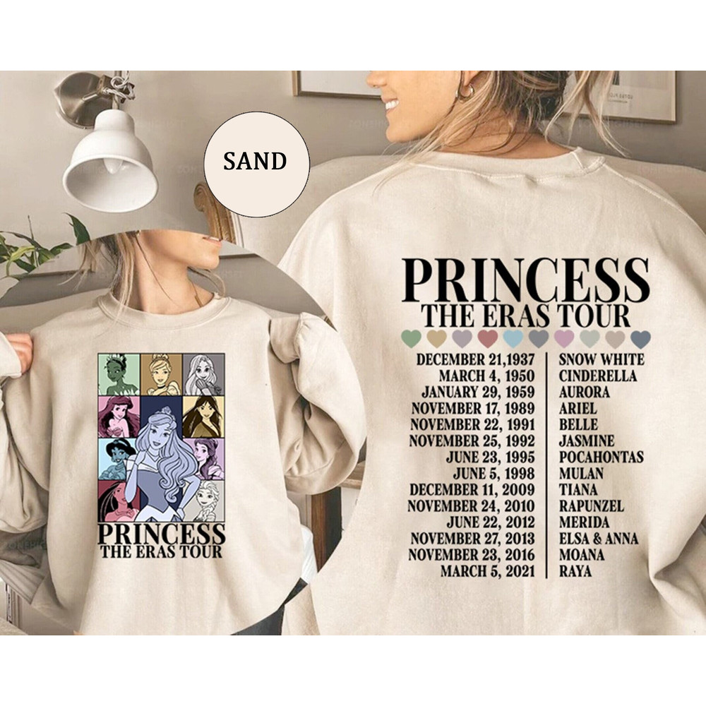 Two-sided Disney Princess Eras Tour Shirt, Disneyland Princess Tour Tee, Princess Characters, Belle Ariel Rapunzel Moana, Disneyland Shirt.jpg