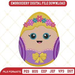 rapunzel easter egg embroidery design, princess easter day embroidery file