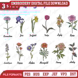 custom flower birth embroidery design, birth flower month em, 18