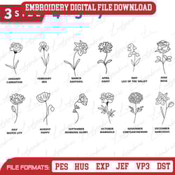 custom flower birth embroidery design, birth flower month em, 19