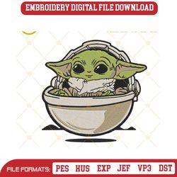 baby yoda on floating carrier embroidery designs, grogu star